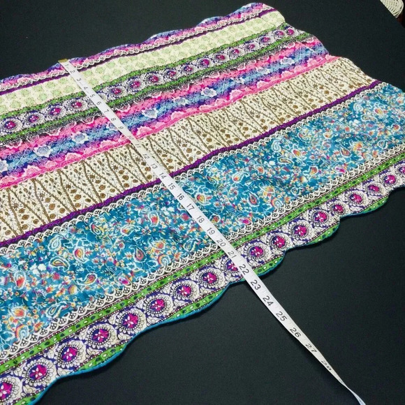 Vintage Floral Paisley Indian Striped Pillow Sham Scalloped Embroidered Border l - Picture 4 of 8